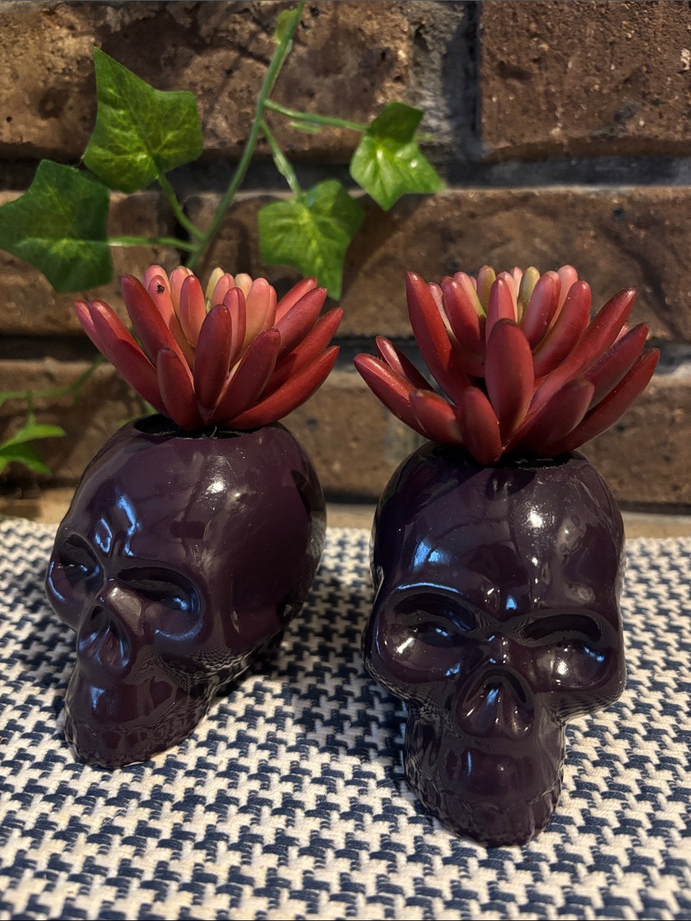 Target Purple Skull Planter Pair with Red Succulents - Home Accents Faux Florals